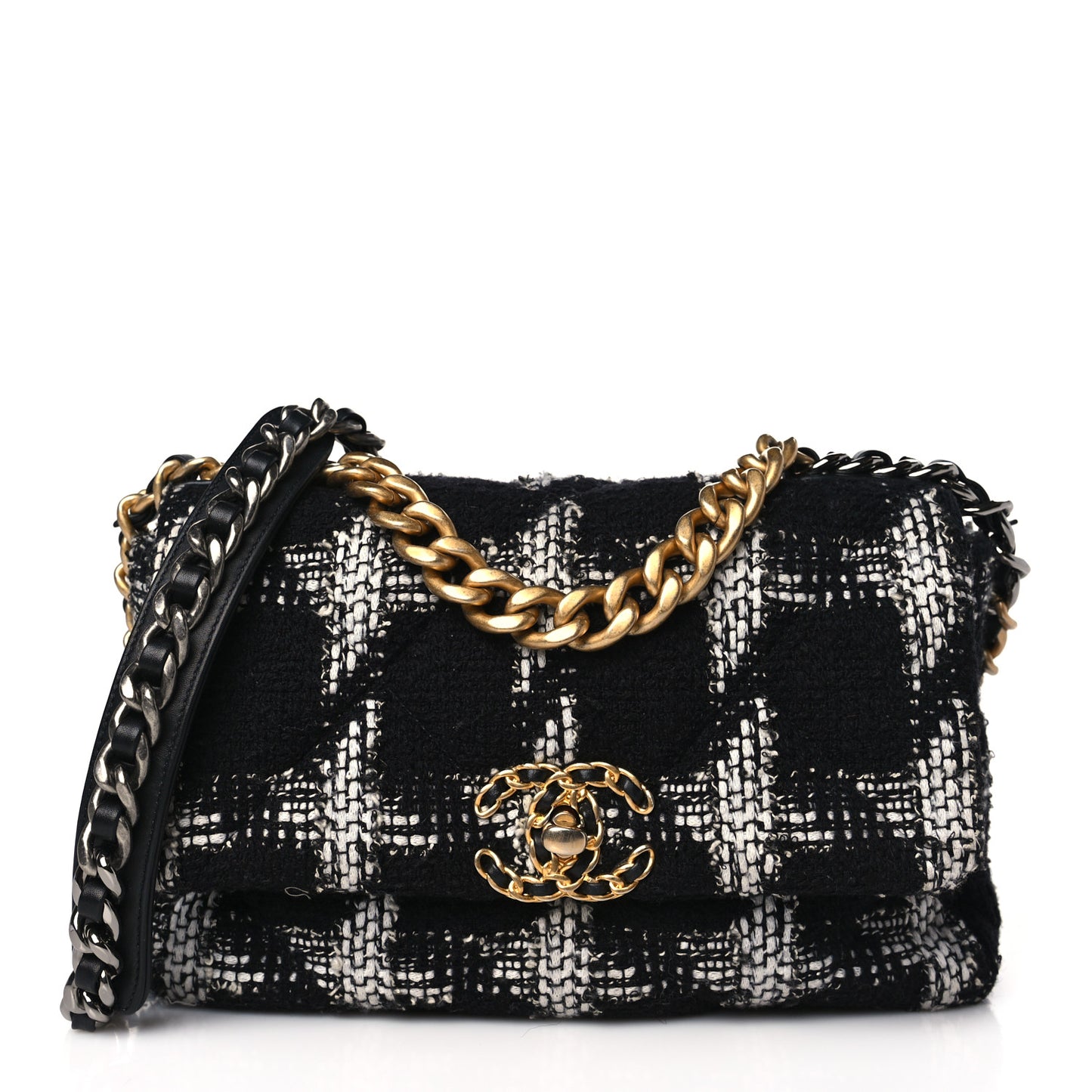Tweed Houndstooth Quilted Medium Chanel 19 Flap Black White