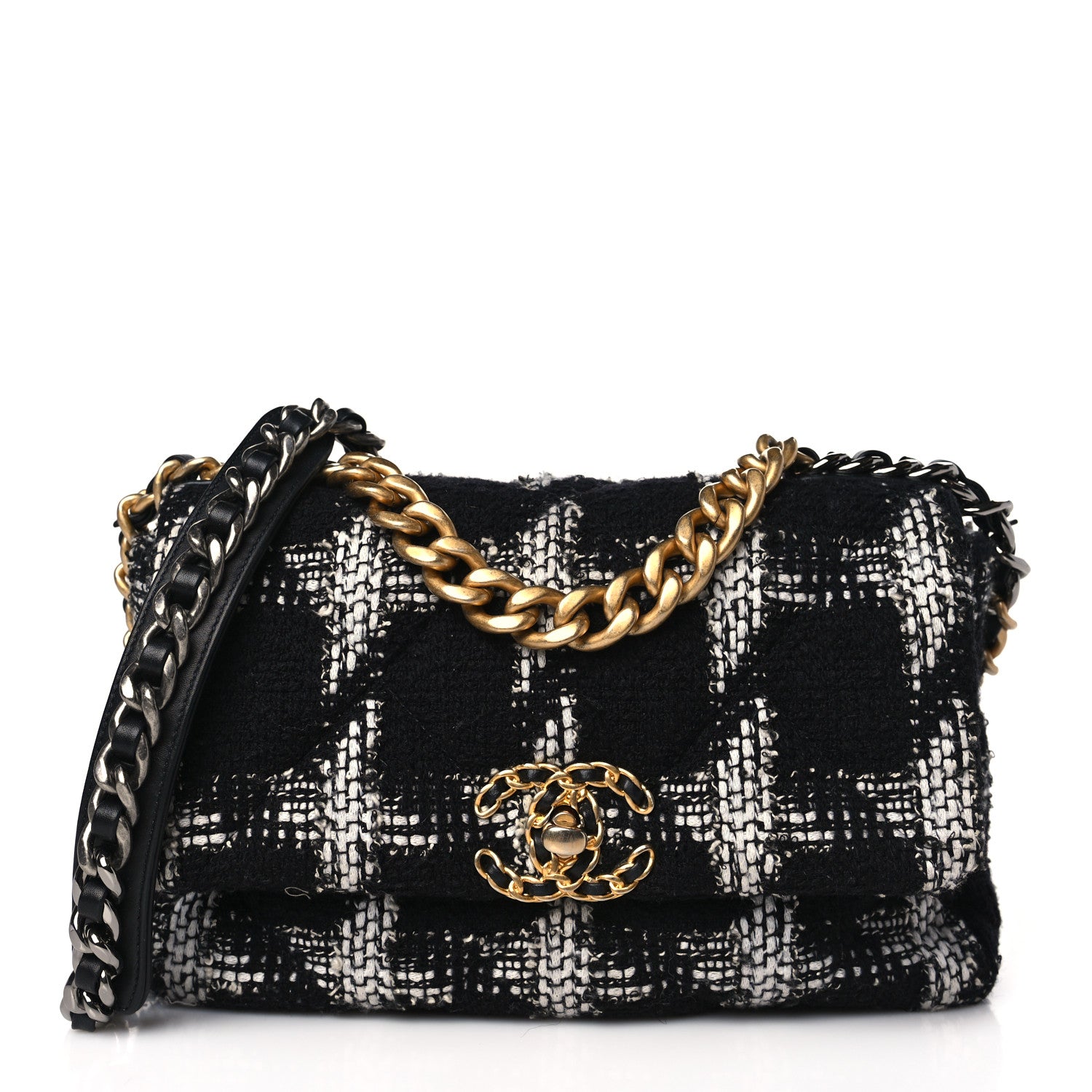 Chanel Tweed Houndstooth Quilted Medium Chanel 19 Flap Black White 1 of 9