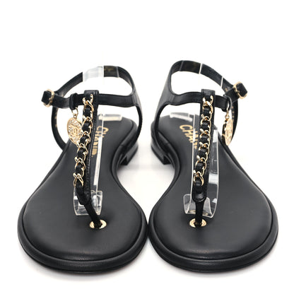 Chanel Lambskin Crystal CC Thong Sandals 37 Black 2 of 9