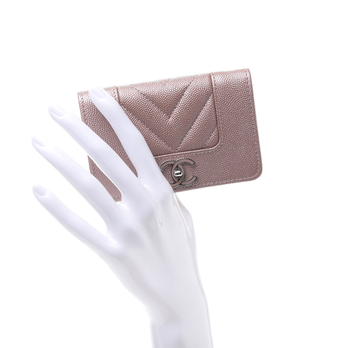 Metallic Caviar Chevron Quilted Vintage Mademoiselle Flap Card Holder Pink