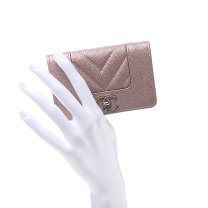 Chanel Metallic Caviar Chevron Quilted Vintage Mademoiselle Flap Card Holder Pink 2 of 9