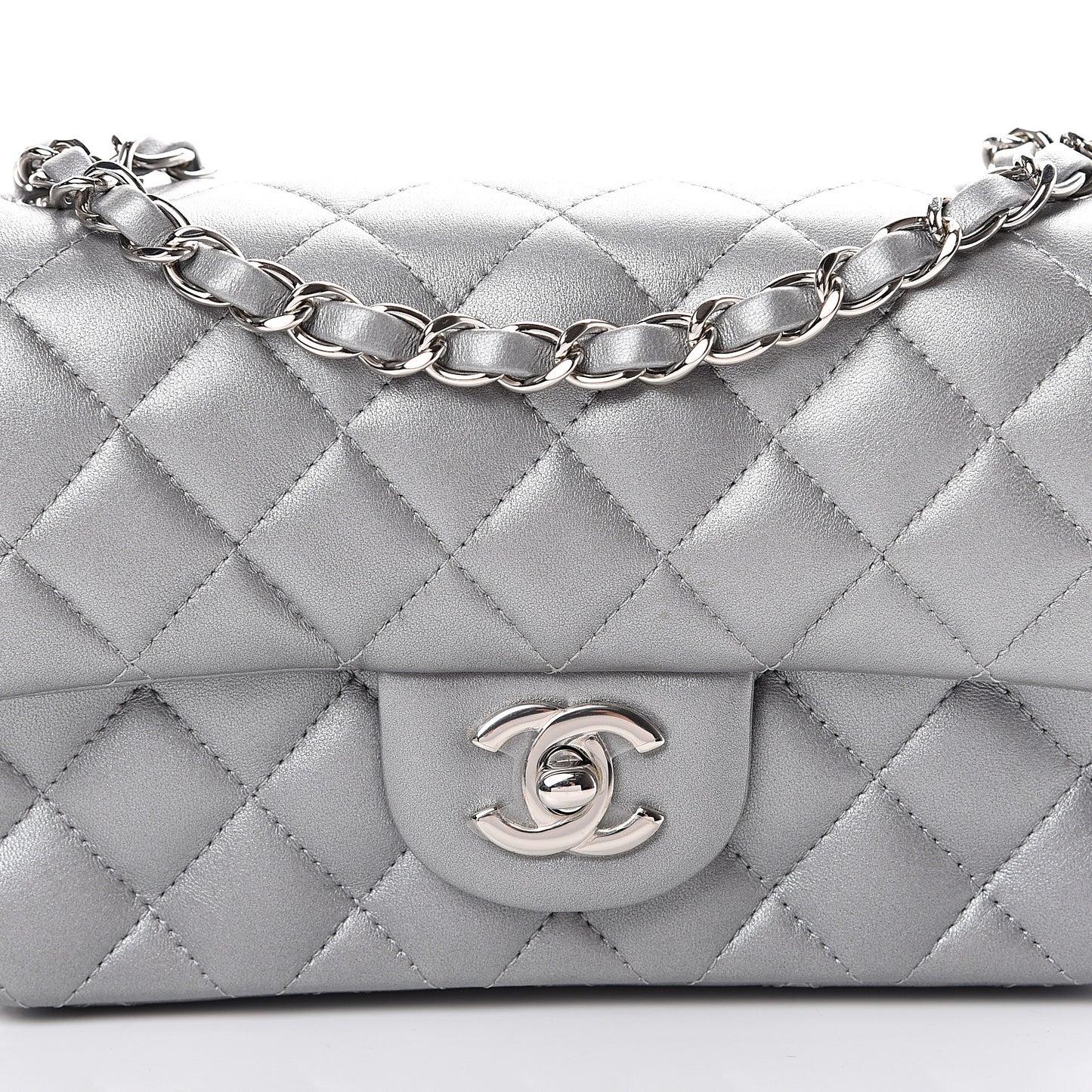 Metallic Lambskin Quilted Mini Rectangular Flap Silver