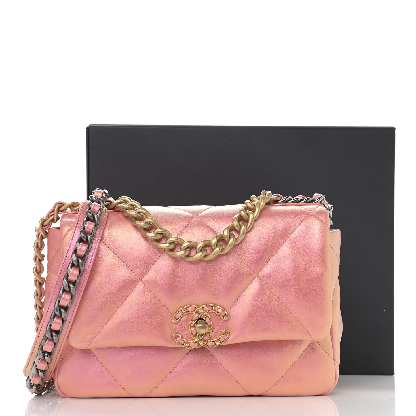 Iridescent Calfskin Quilted Medium Chanel 19 Flap Pink