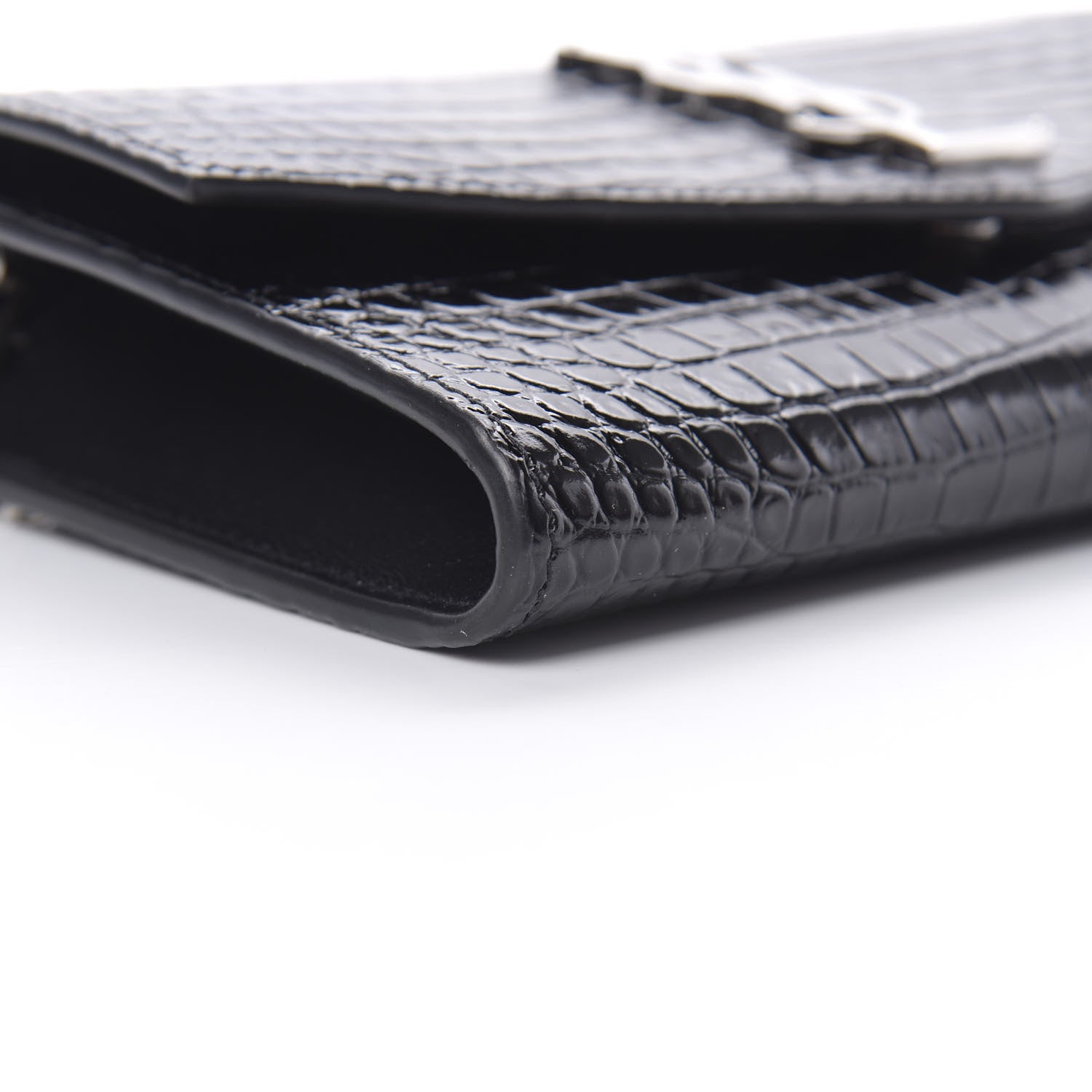 Saint Laurent Calfskin Crocodile Embossed Monogram Uptown Chain Wallet Black 10 of 12