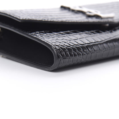 Saint Laurent Calfskin Crocodile Embossed Monogram Uptown Chain Wallet Black 10 of 12