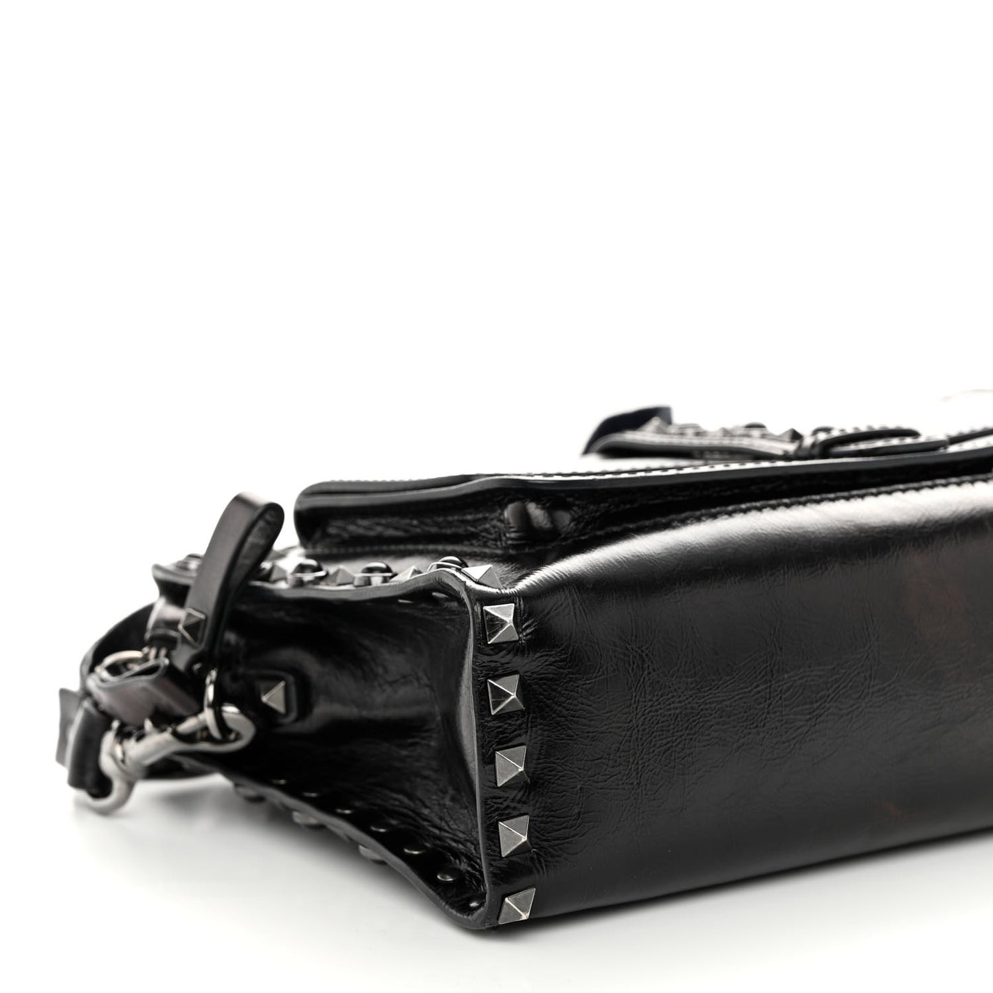 Craquele Calfskin Small Guitar Strap Rockstud Rolling Flap Pocket Shoulder Bag Black