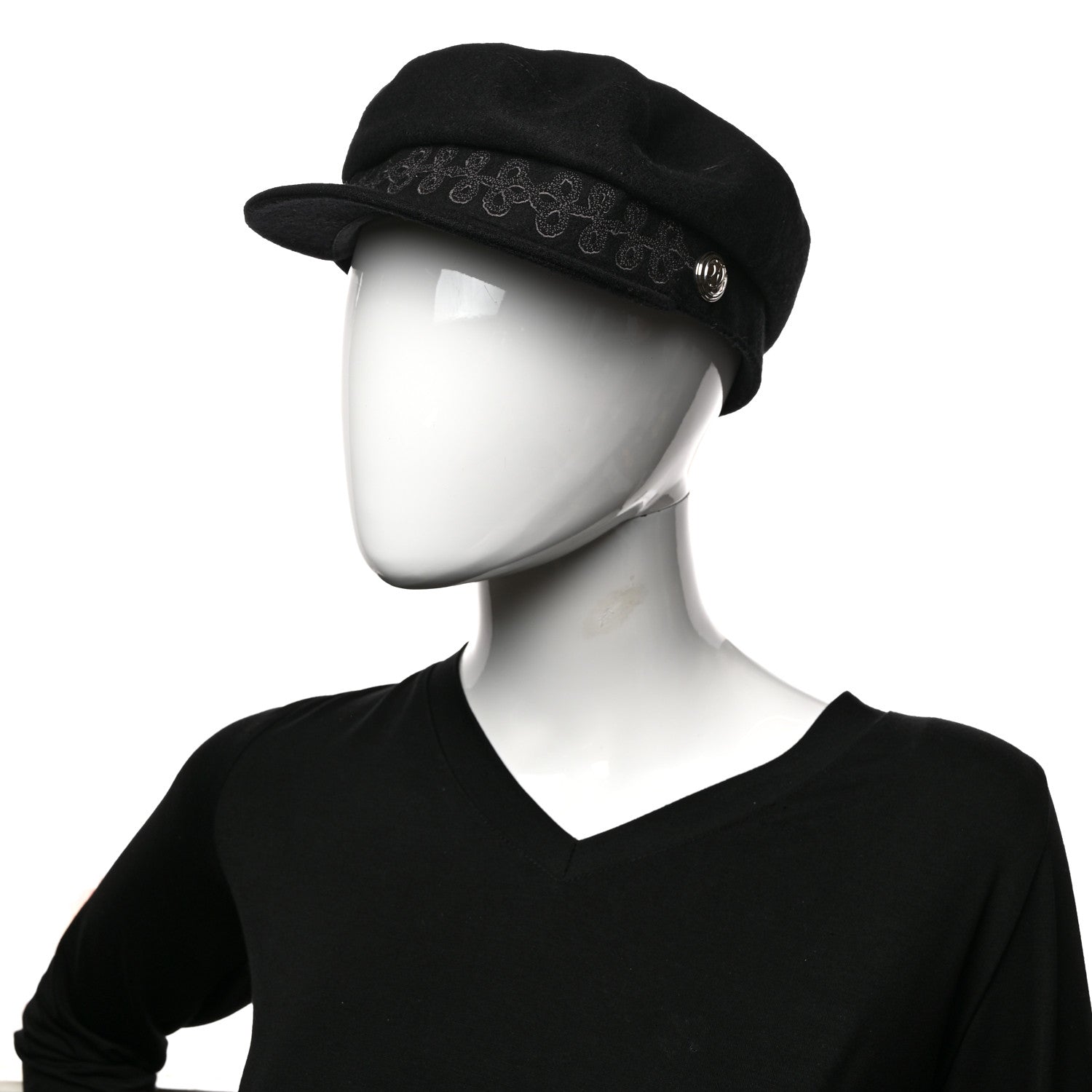 Hermes Wool Flannel Embroidered Womens Cabourg En Finesse Cap 57 Black 2 of 9