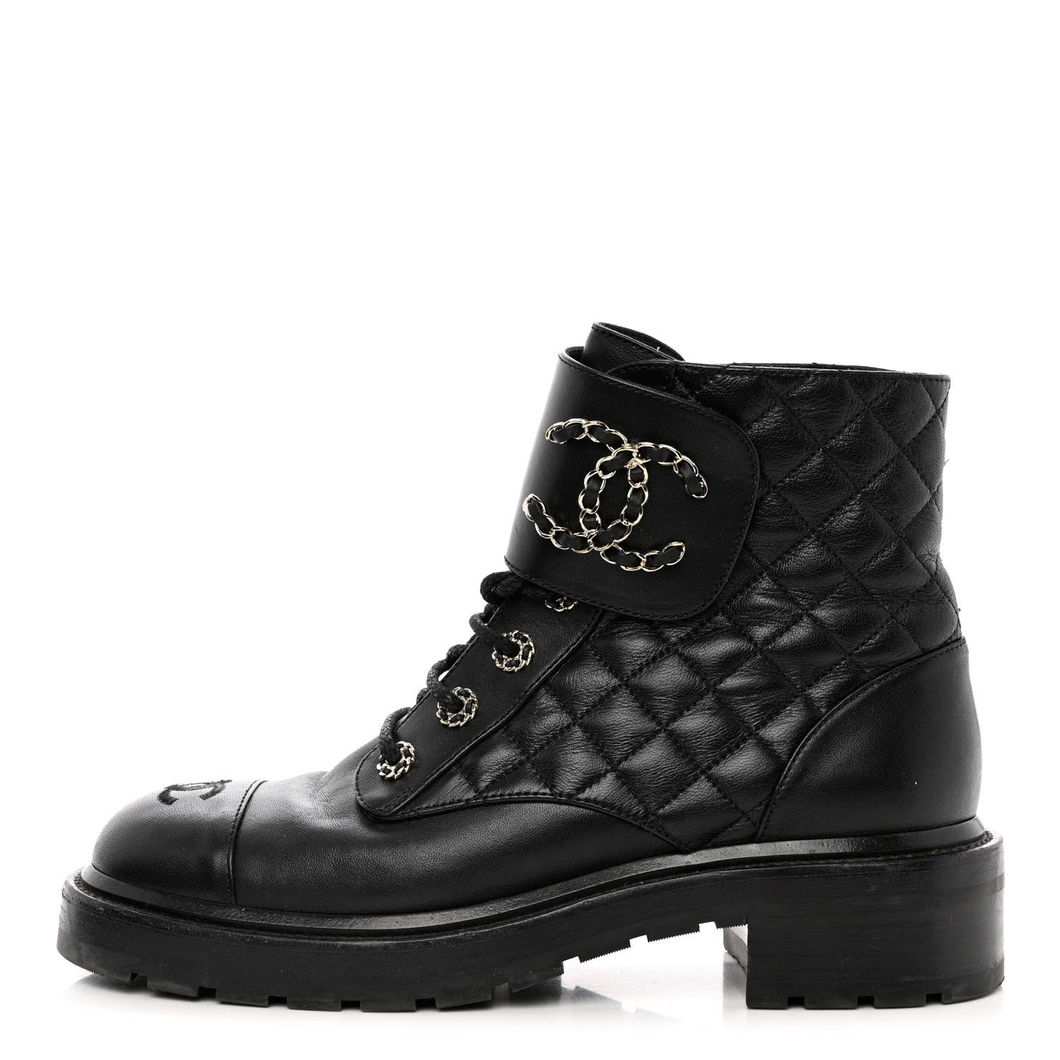 Chanel Shiny Calfskin Quilted Lace Up Combat Boots 40 Black 1 of 9