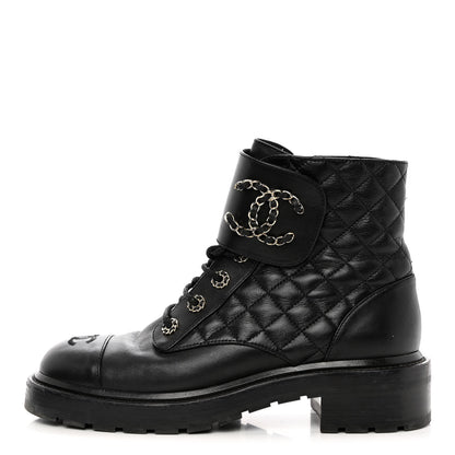 Chanel Shiny Calfskin Quilted Lace Up Combat Boots 40 Black 1 of 9