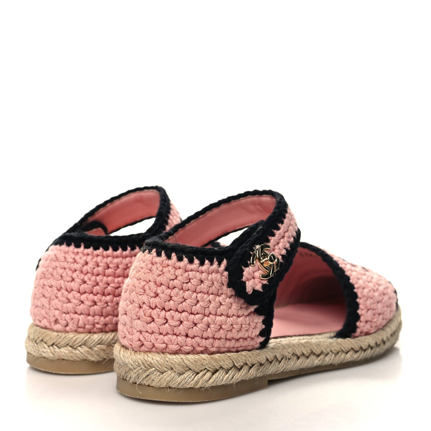 Braided Knit Cap Toe CC Ankle Strap Espadrilles 36 Light Pink Black