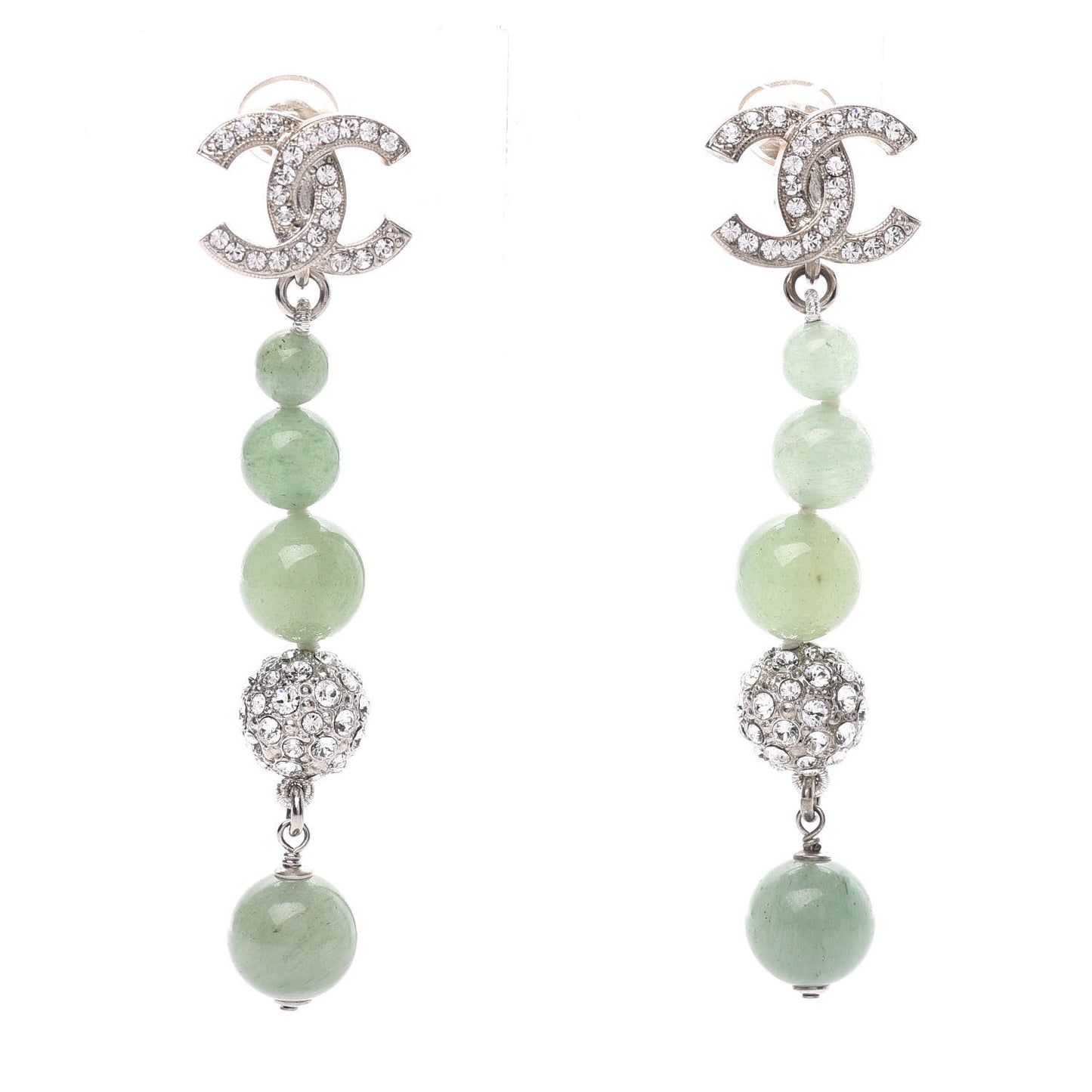 Crystal Beaded CC Long Drop Earrings Silver Green