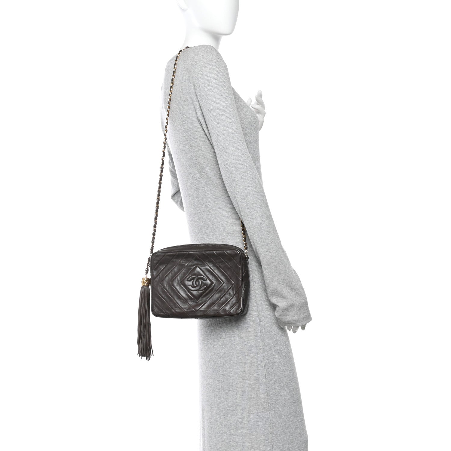 Chanel Lambskin Chevron Quilted Tassel Camera Case Brown 2 of 11