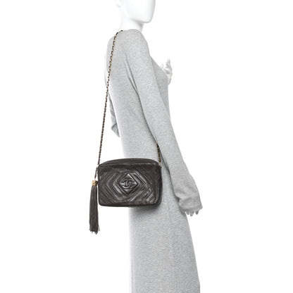 Chanel Lambskin Chevron Quilted Tassel Camera Case Brown 2 of 11