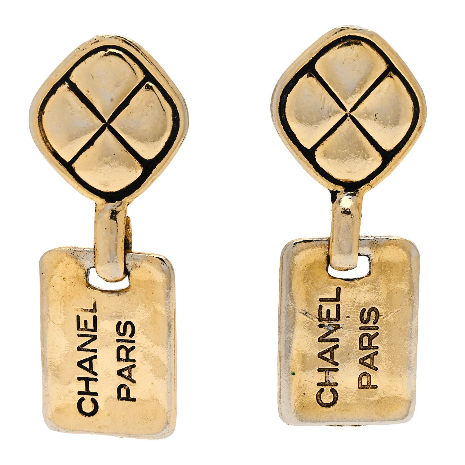 Chanel Metal Quilted Tag Drop Clip On Earrings Gold 1 of 4