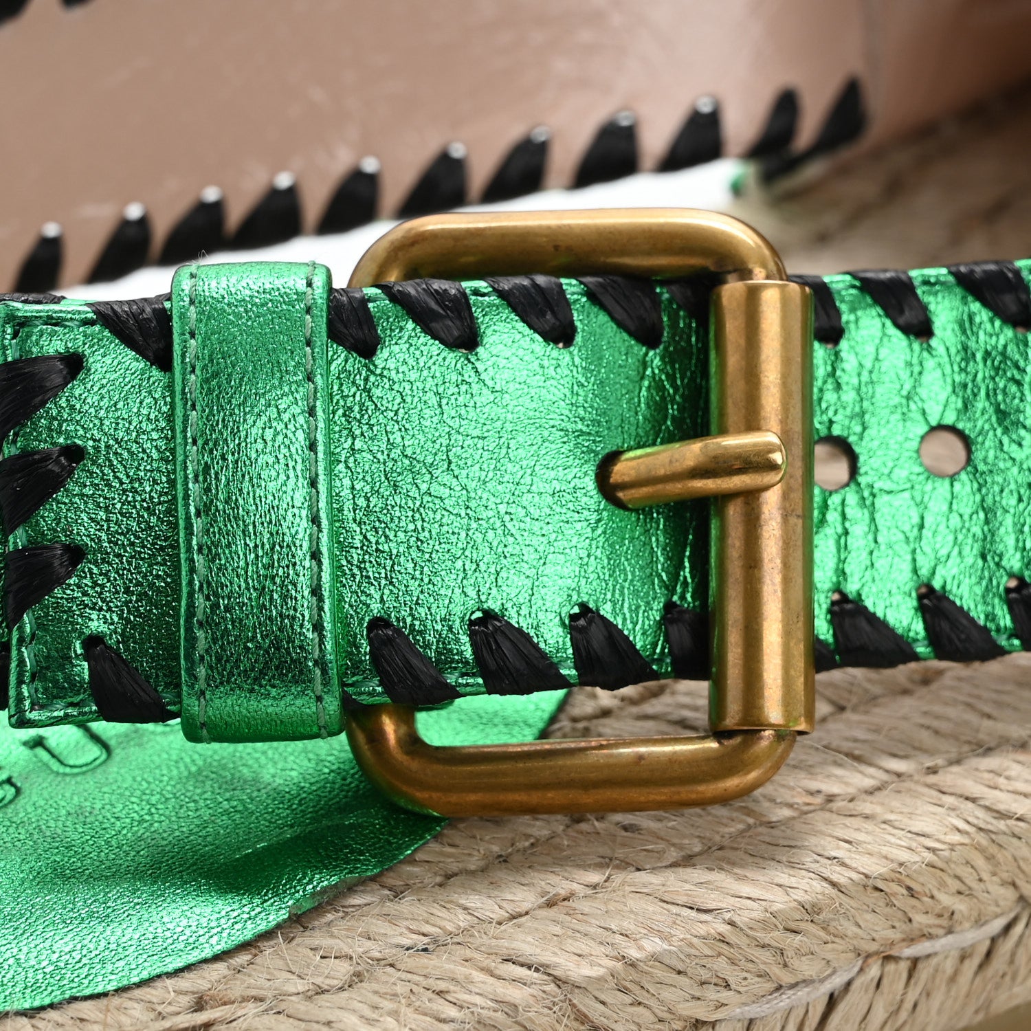 Gucci Metallic Nappa Embroidered Double G Espadrille Slingback Sandals 35 Green 16 of 17