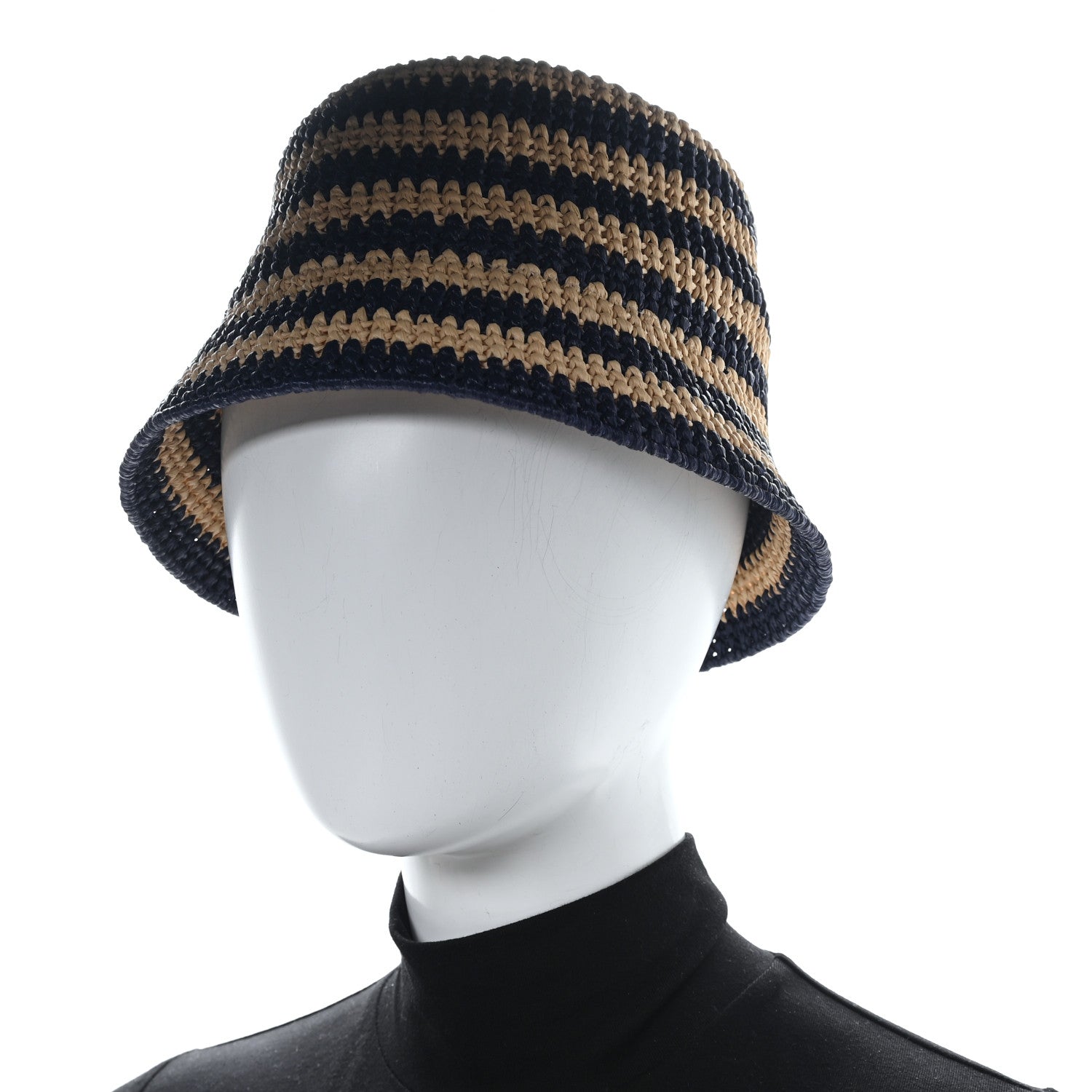 Prada Raffia Striped Logo Embroidered Womens Bucket Hat M Naturale Baltico 2 of 8