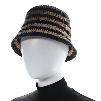 Prada Raffia Striped Logo Embroidered Womens Bucket Hat M Naturale Baltico 2 of 8