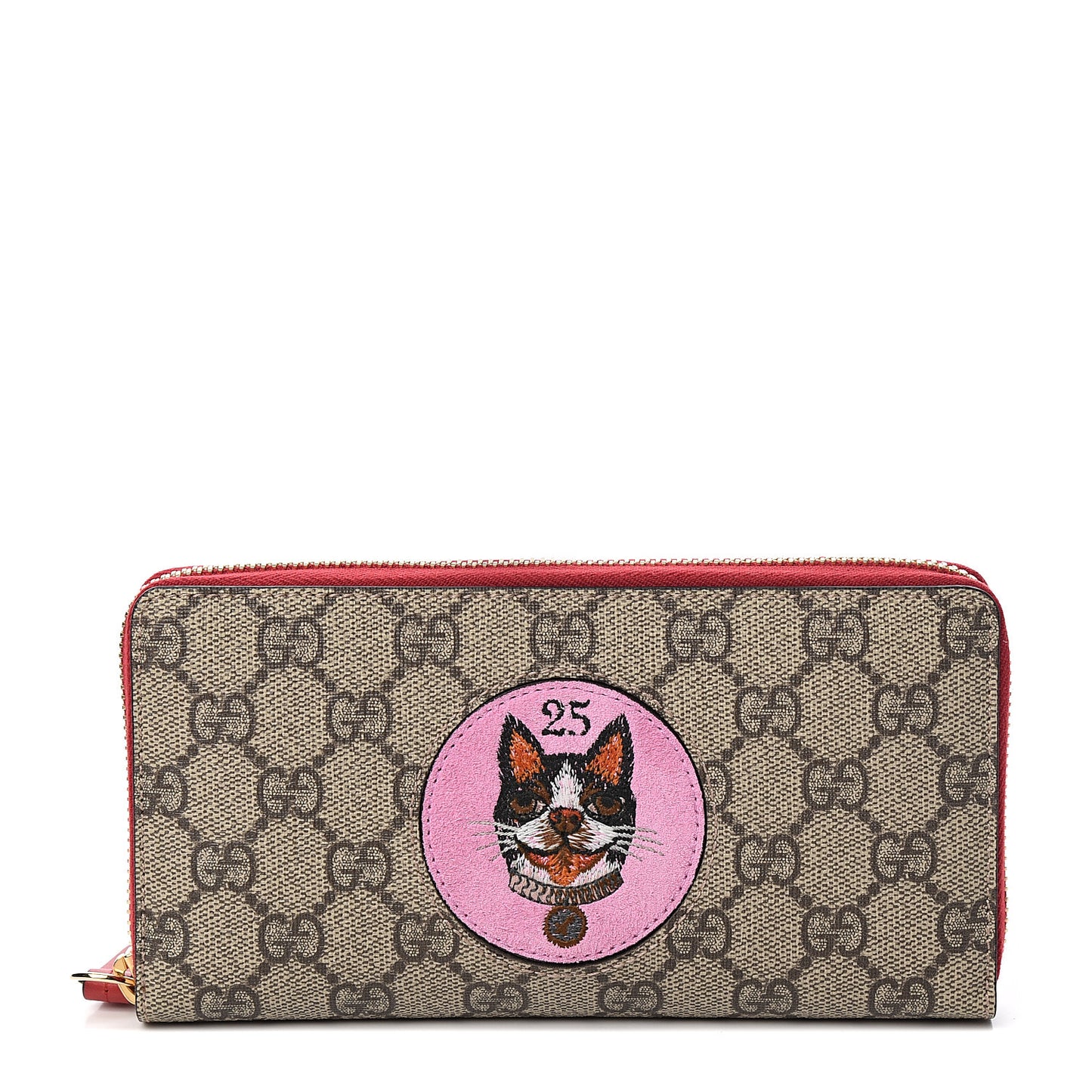 GG Supreme Monogram Bosco Patch Zip Around Wallet Beige Malva Hibiscus Red