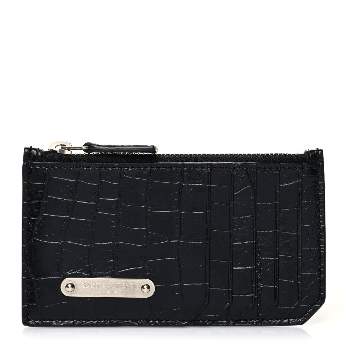 Calfskin Crocodile Embossed 5 Fragments Zip Pouch Card Holder Black