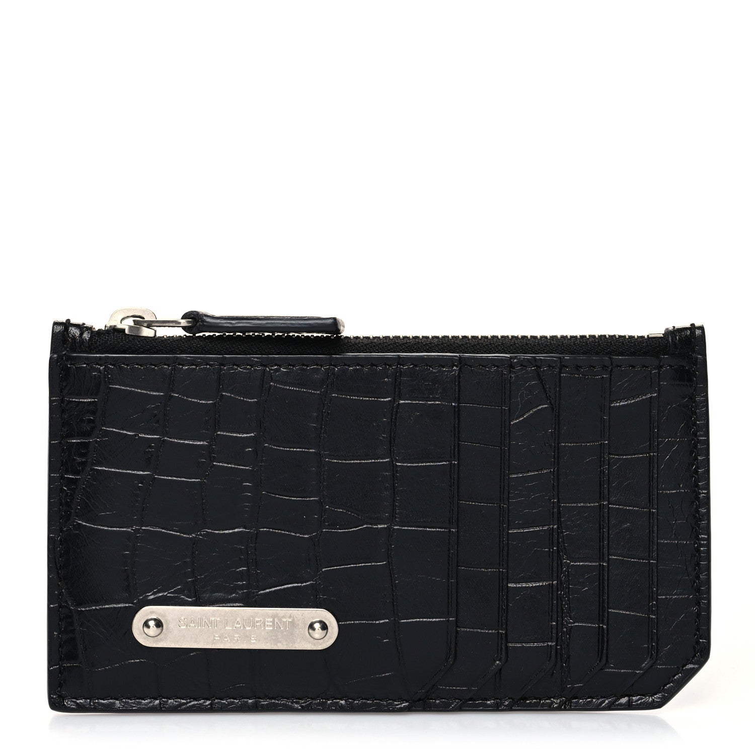 Saint Laurent Calfskin Crocodile Embossed 5 Fragments Zip Pouch Card Holder Black 1 of 10