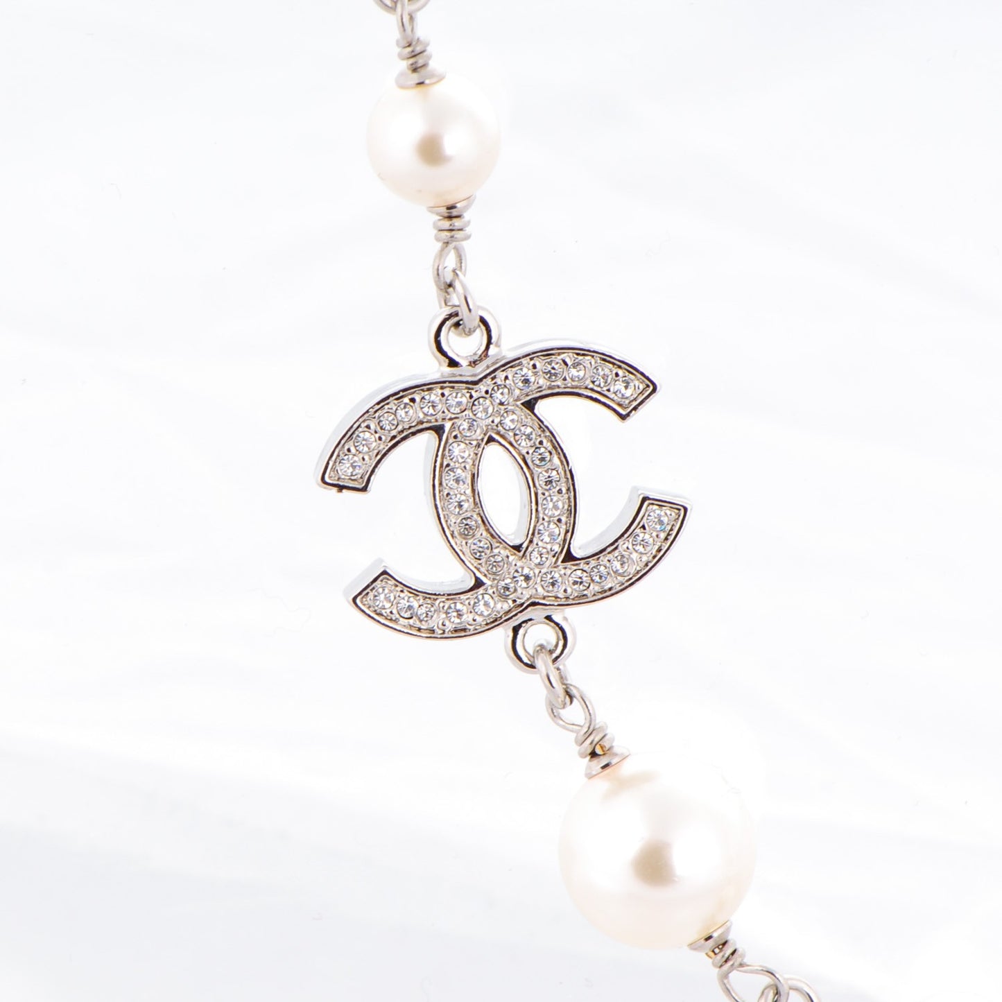 Crystal Pearl CC Long Necklace Silver