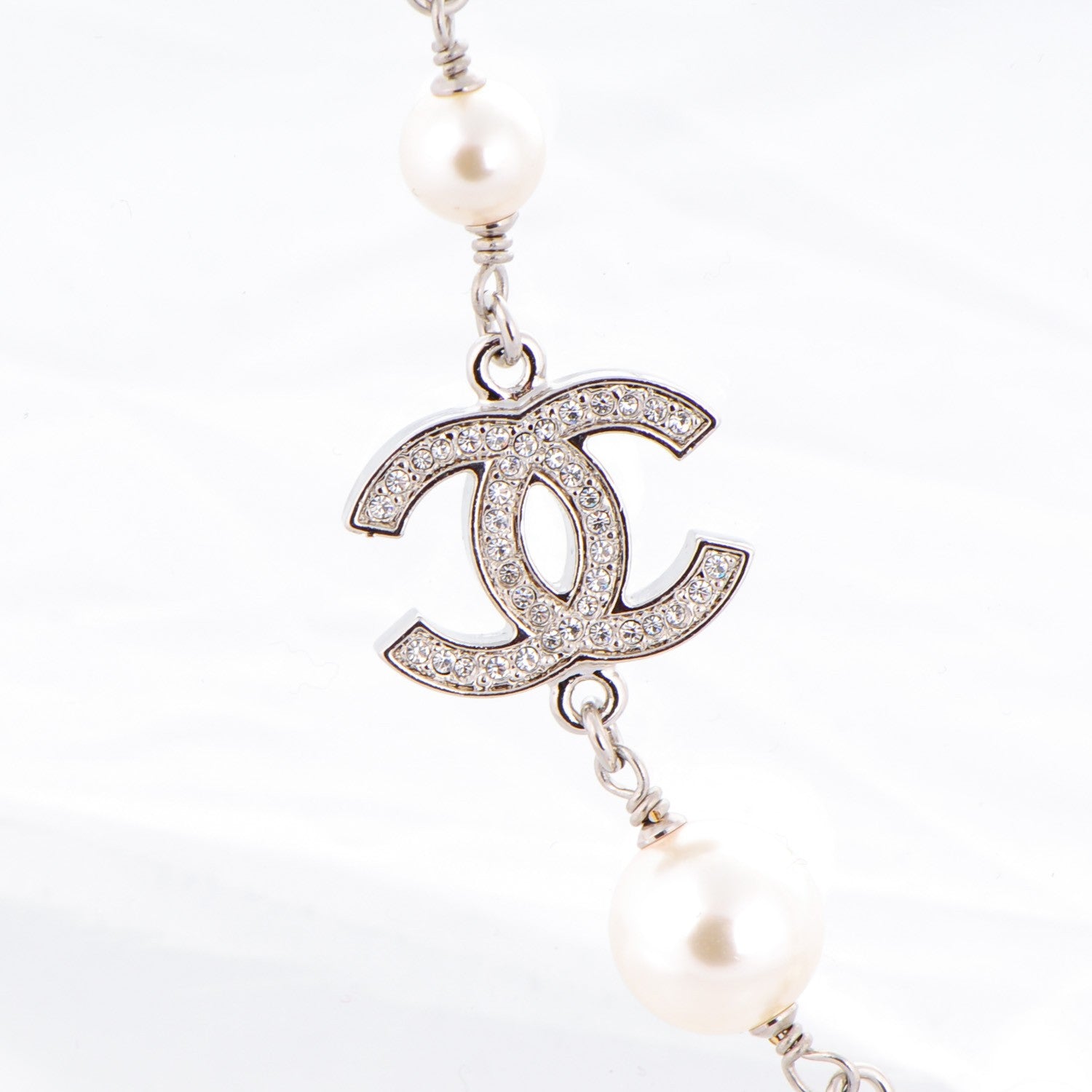 Chanel Crystal Pearl CC Long Necklace Silver 3 of 5