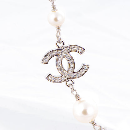 Chanel Crystal Pearl CC Long Necklace Silver 3 of 5