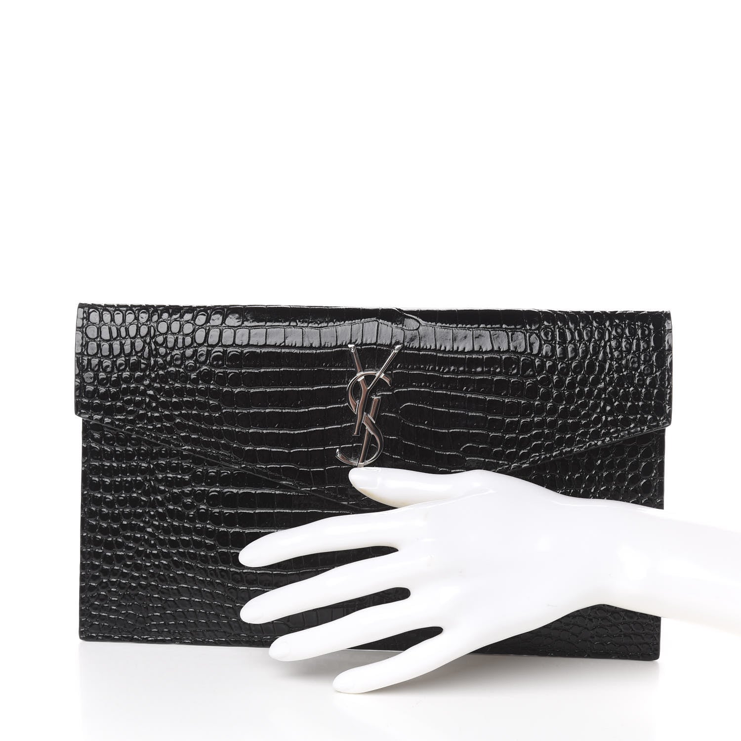 Saint Laurent Calfskin Crocodile Embossed Uptown Monogram Clutch Black 2 of 8