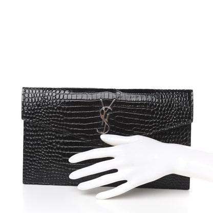 Saint Laurent Calfskin Crocodile Embossed Uptown Monogram Clutch Black 2 of 8