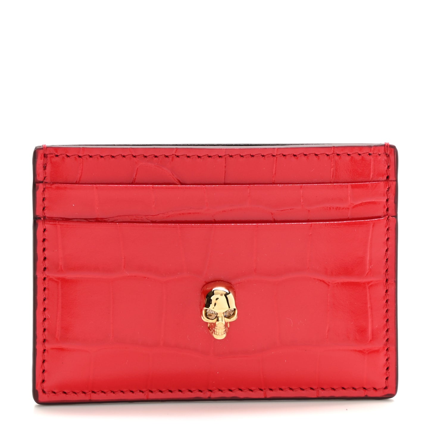 Calfskin Crocodile Embossed Skull Card Holder Scarlet Red