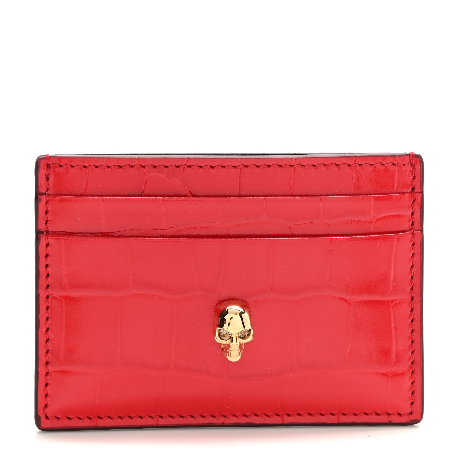 Alexander McQueen Calfskin Crocodile Embossed Skull Card Holder Scarlet Red 1 of 8