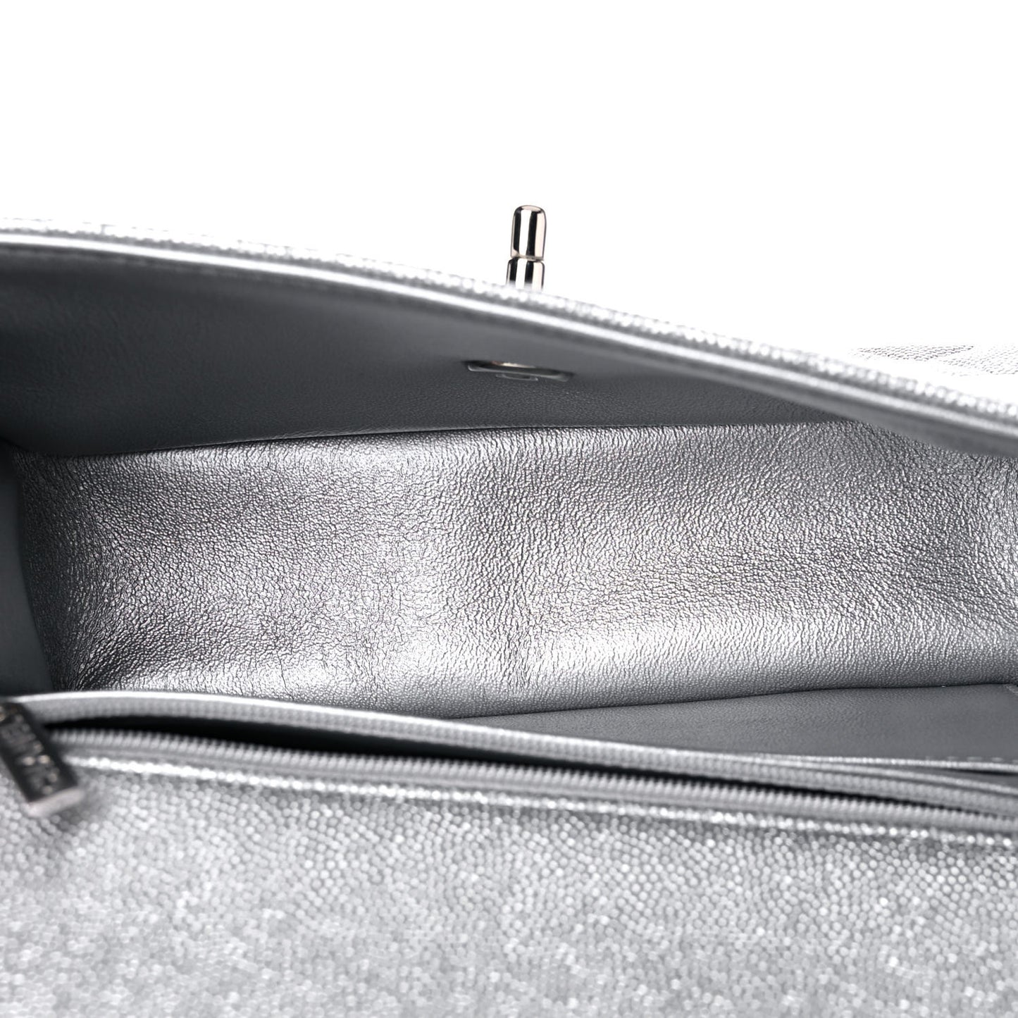 Metallic Caviar Quilted Mini Top Handle Rectangular Flap Silver