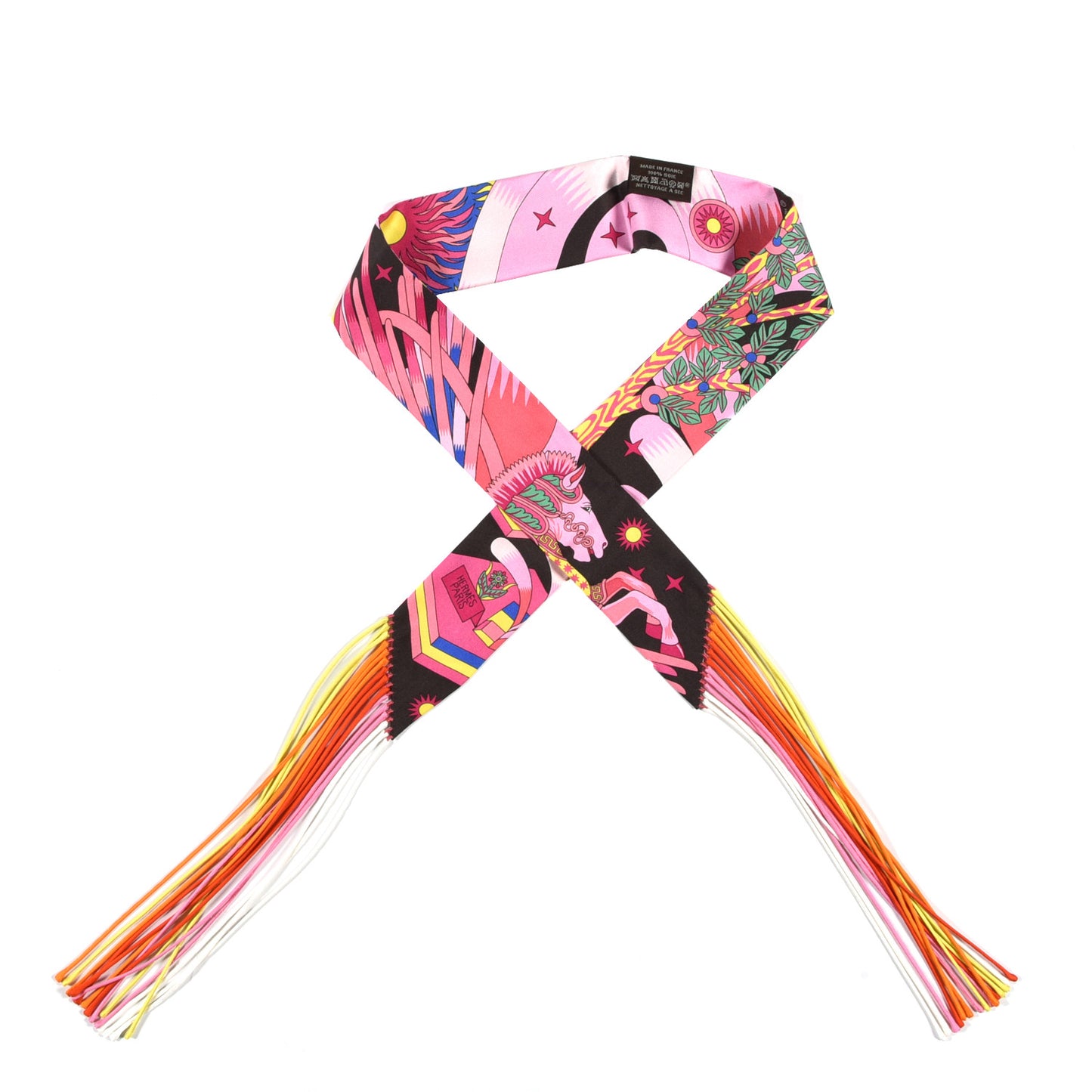 Silk La Source de Pegase Fringed Twilly Ebene Rose Vif Jaune Vif