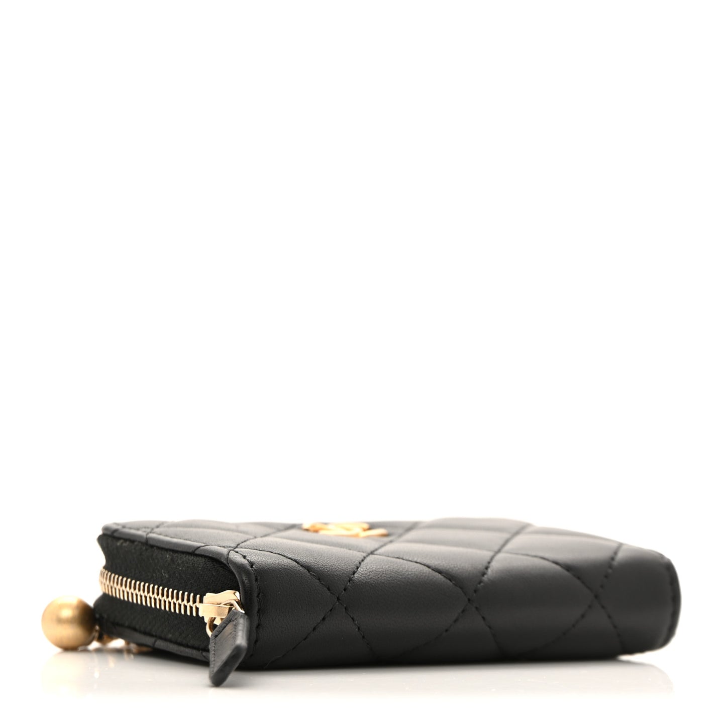 Lambskin Quilted CC Pearl Crush Zip Card Holder On Chain Black