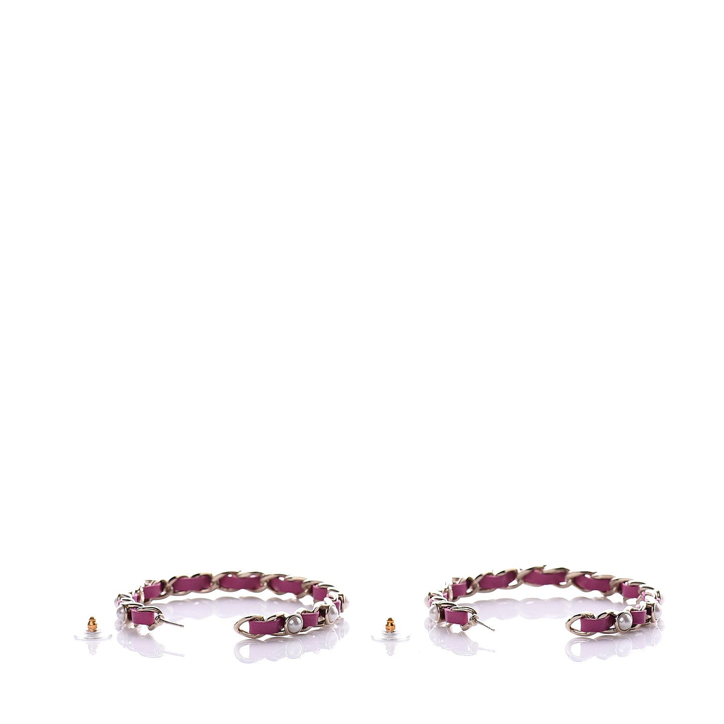 Lambskin Pearl CC Chain Hoop Earrings Gold Pink