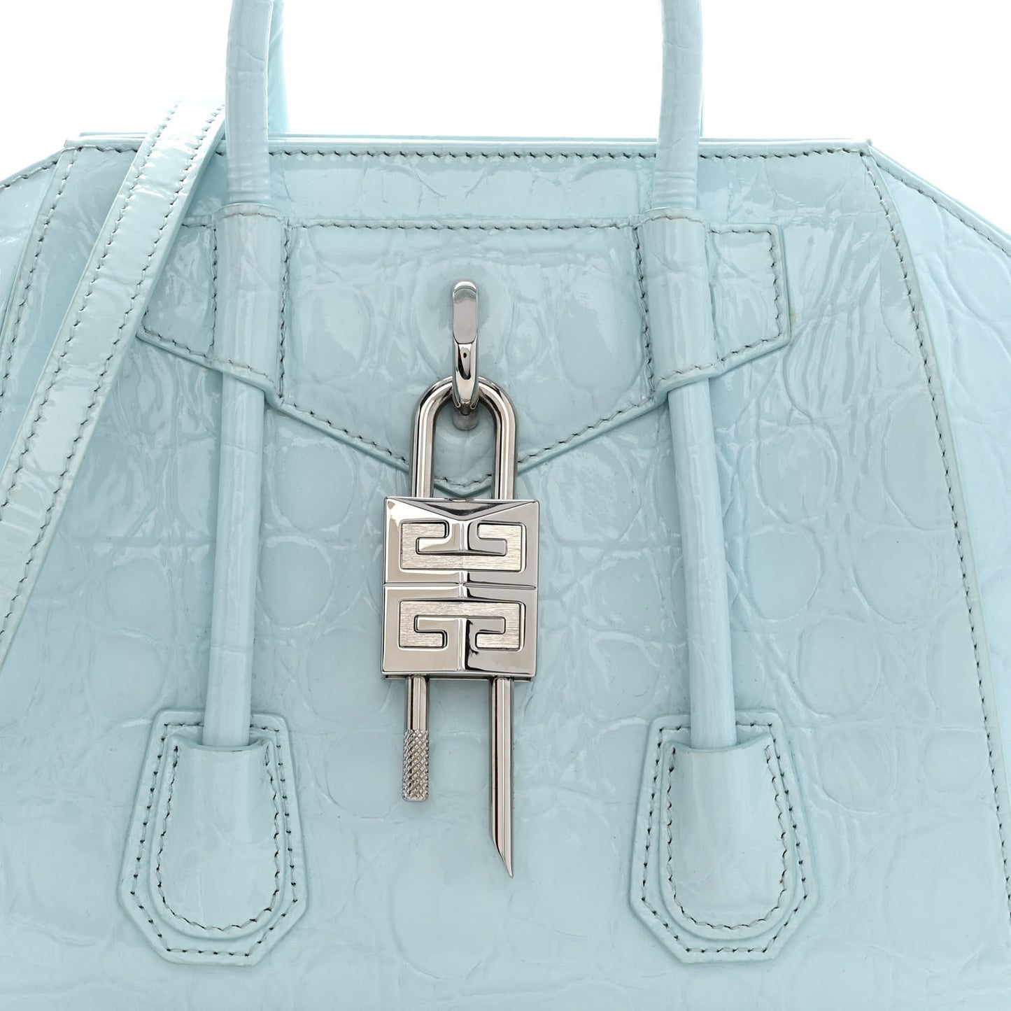 Calfskin Crocodile Embossed Mini Antigona Lock Sky Blue