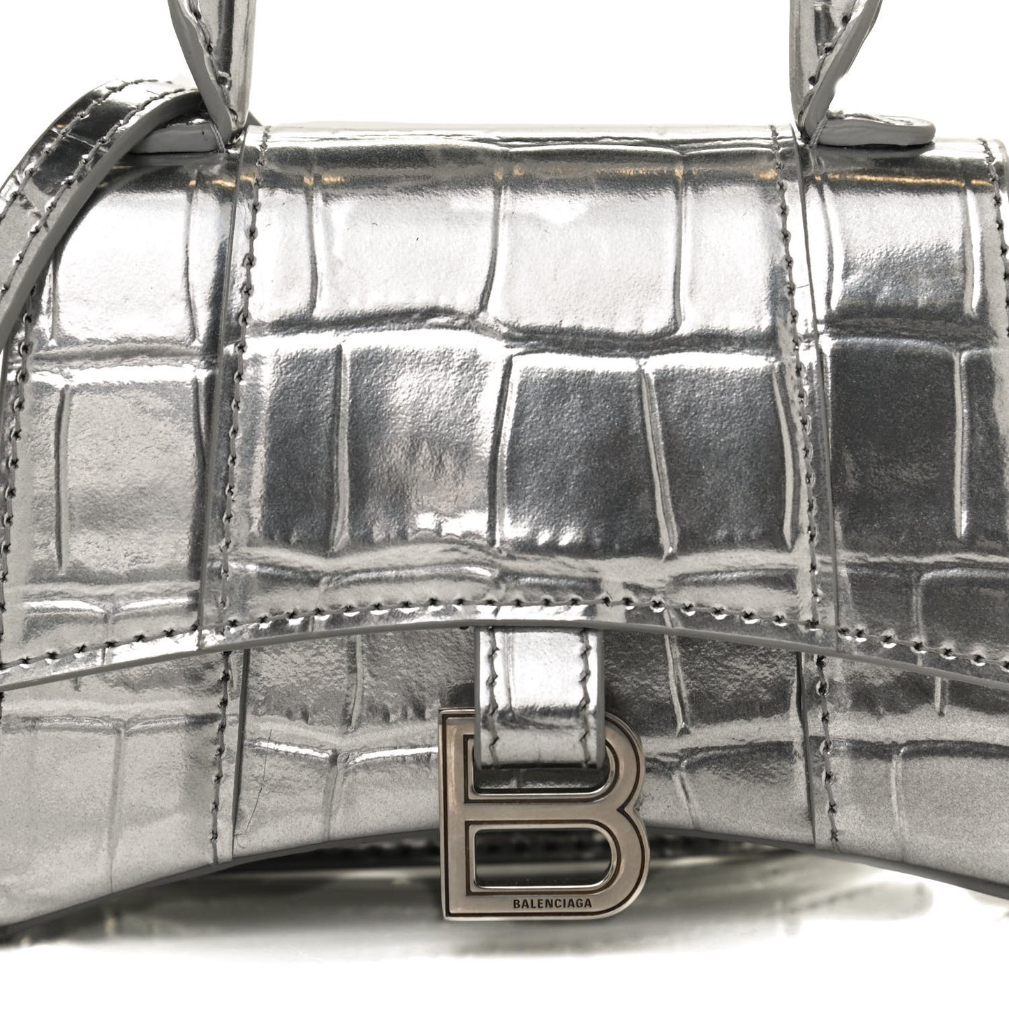 Metallic Calfskin Crocodile Embossed Hourglass Top Handle Bag Mini Silver