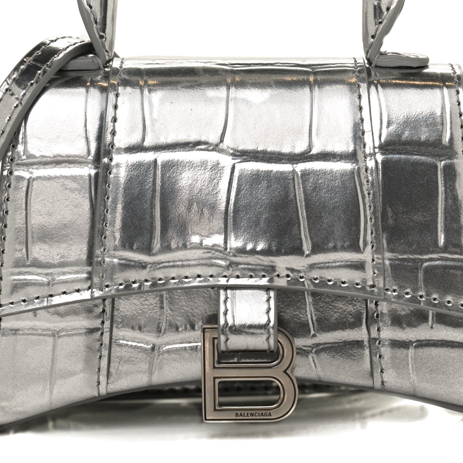 Balenciaga Metallic Calfskin Crocodile Embossed Hourglass Top Handle Bag Mini Silver 7 of 9
