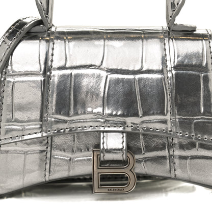 Balenciaga Metallic Calfskin Crocodile Embossed Hourglass Top Handle Bag Mini Silver 7 of 9