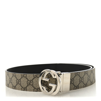 Gucci GG Supreme Monogram Selleria Calfskin Interlocking G Reversible 37mm Belt 95 38 Beige Ebony Black 1 of 5