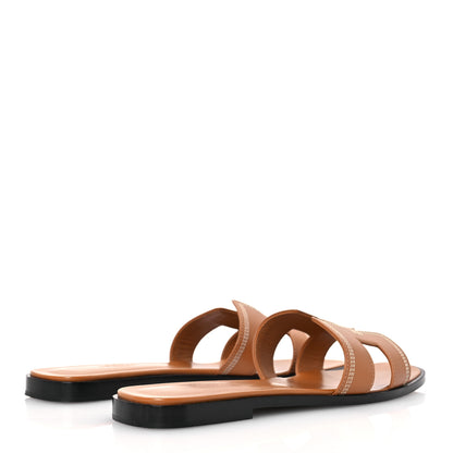 Hermes Calfskin Embroidered Oran Sandals 38.5 Gold 5 of 11