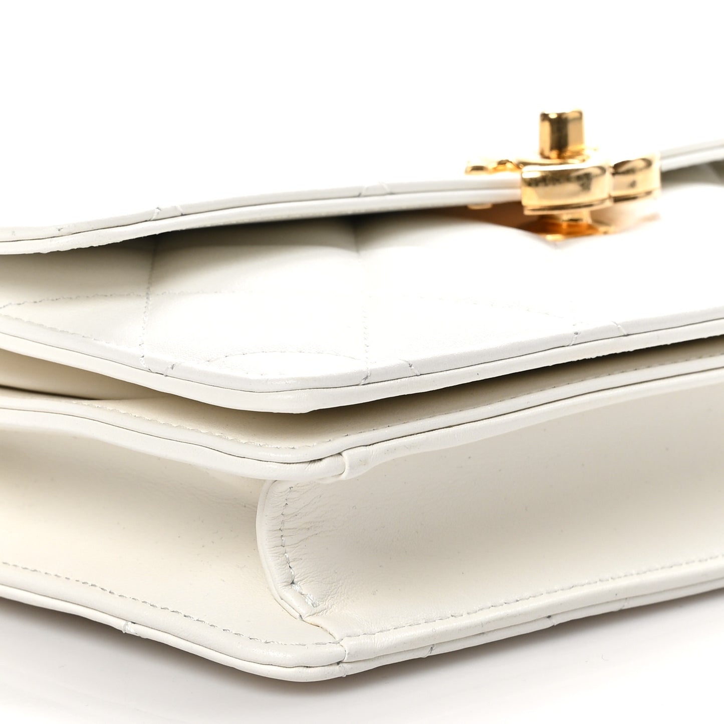 Shiny Calfskin Quilted Small Metal Top Handle Flap White