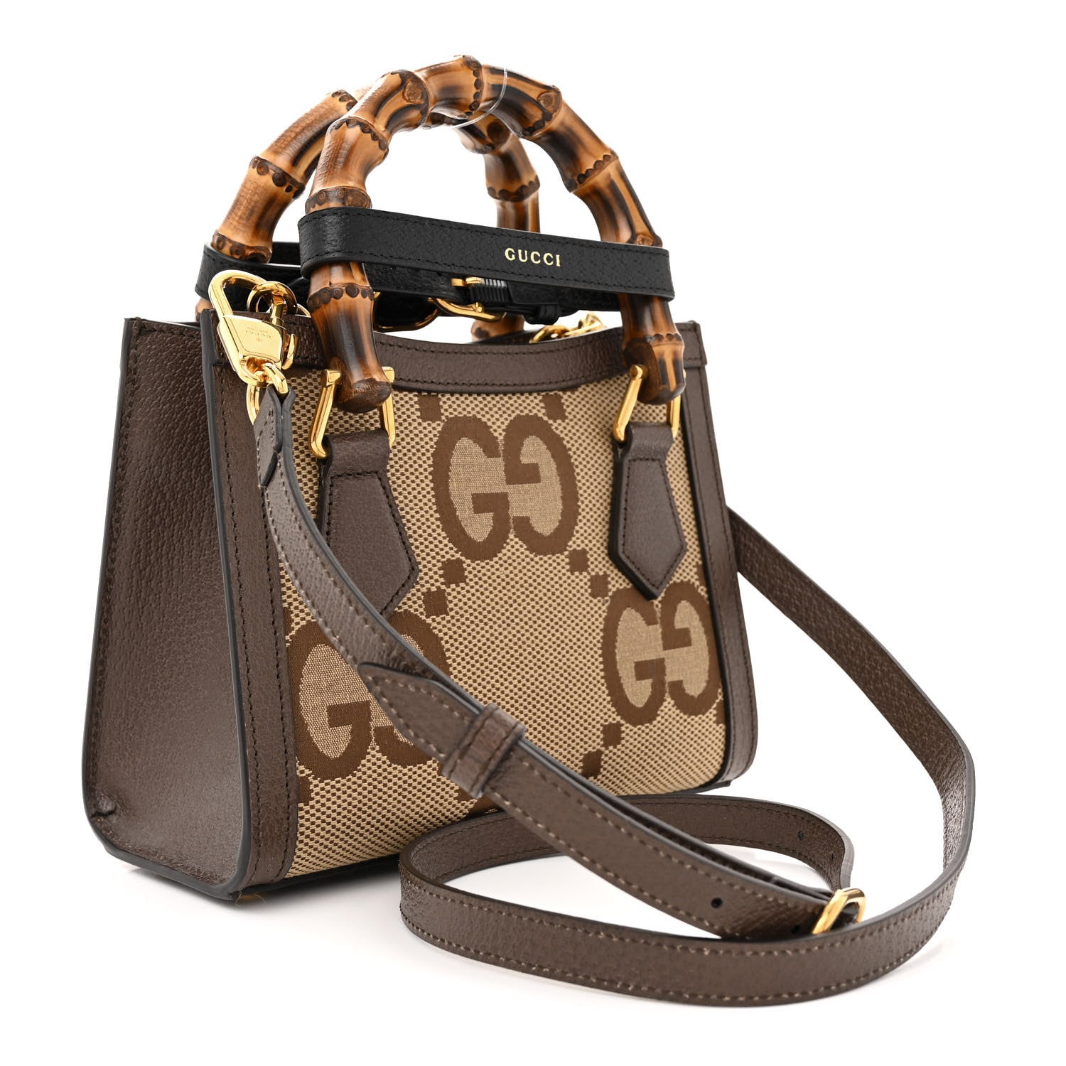 Gucci Monogram Jumbo GG Textured Dollar Calfskin Mini Diana Tote Bag Camel Ebony New Acero 3 of 11