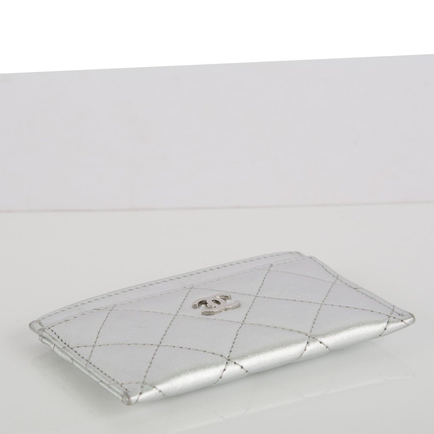 Metallic Lambskin Quilted CC Card Holder Silver