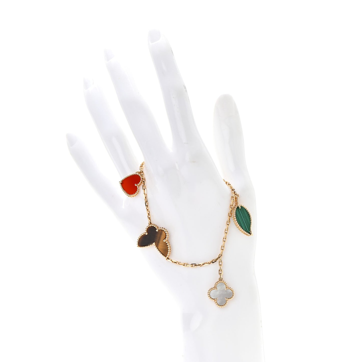 18K Yellow Gold Mother of Pearl Malachite Carnelian Tiger Eye 4 Motifs Lucky Alhambra Bracelet