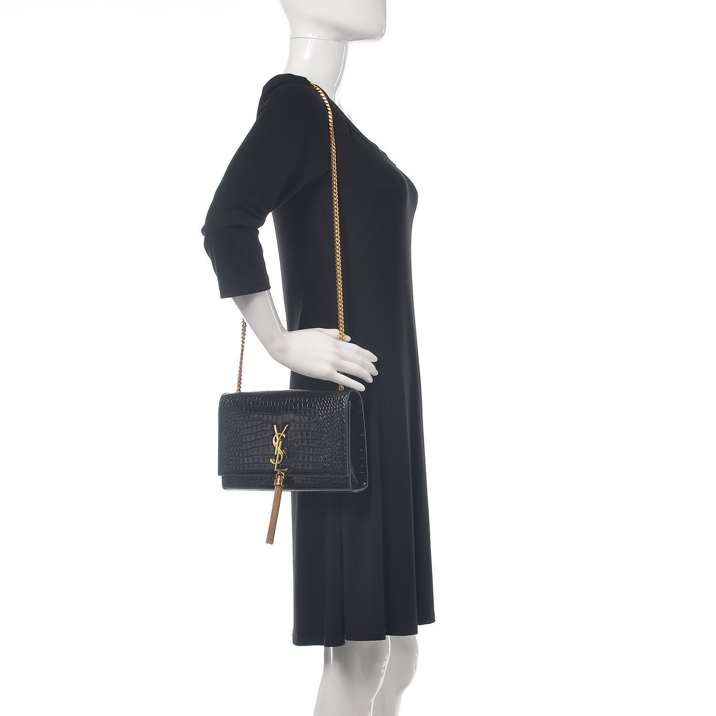 Calfskin Crocodile Embossed Medium Classic Monogram Kate Tassel Satchel Black