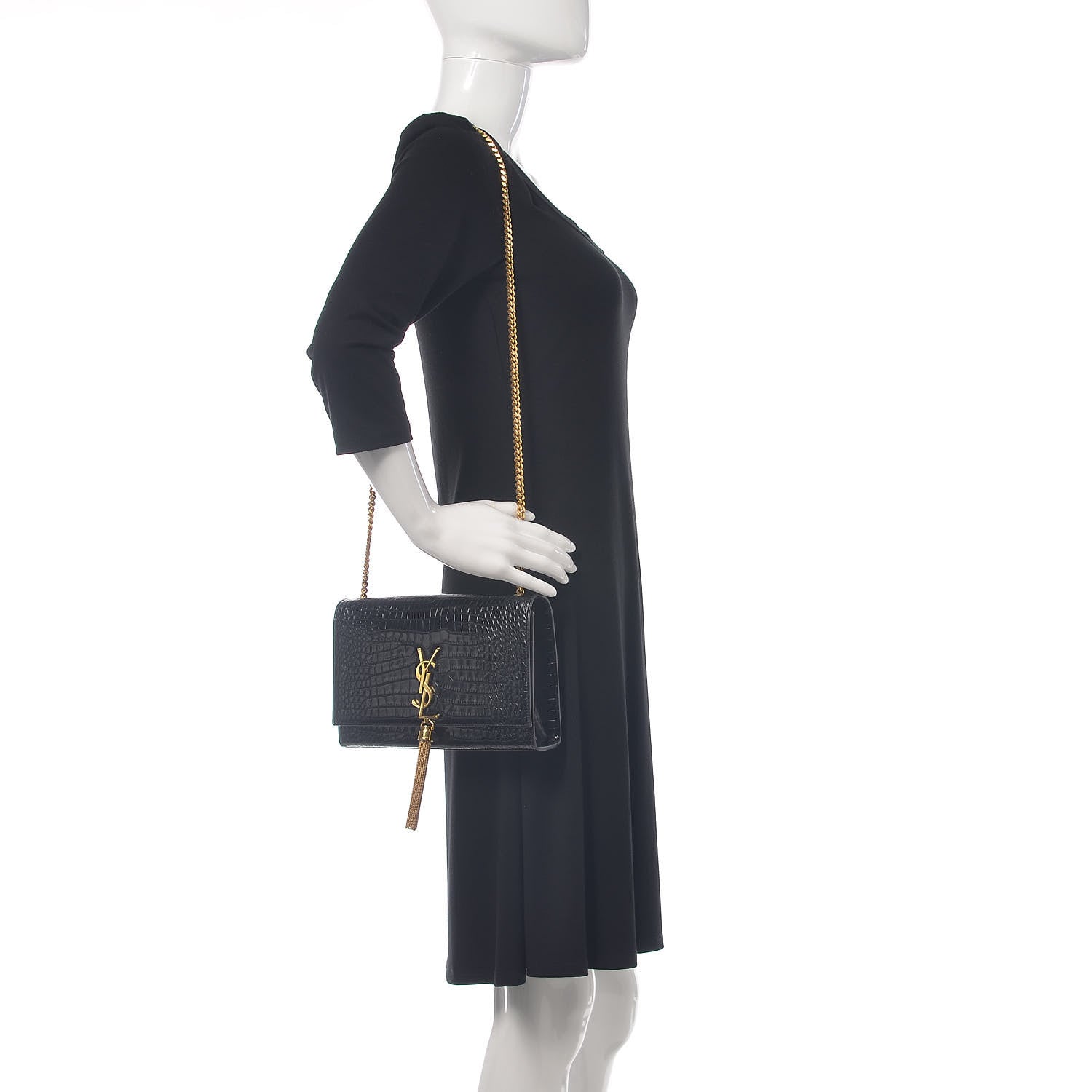 Saint Laurent Calfskin Crocodile Embossed Medium Classic Monogram Kate Tassel Satchel Black 2 of 11