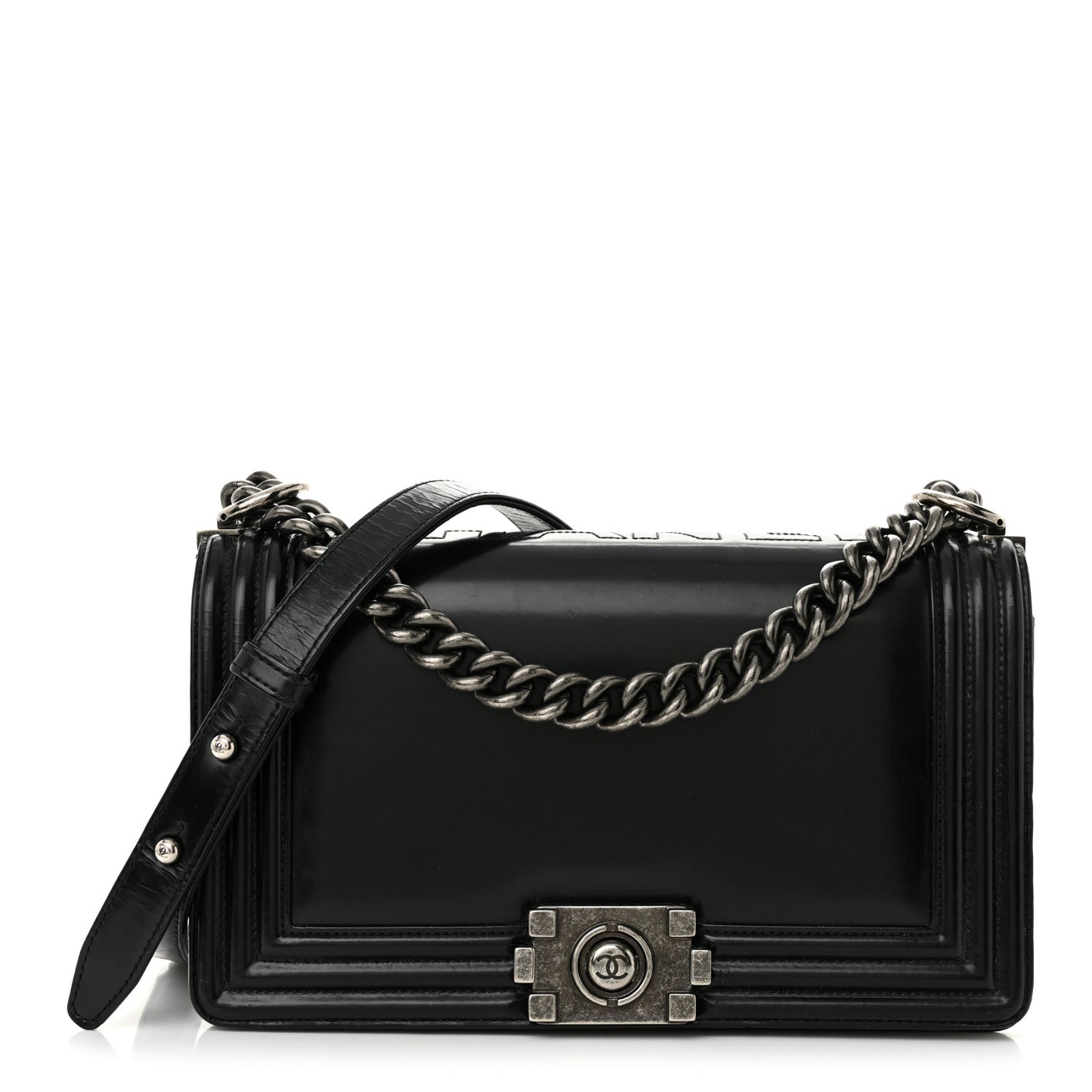Glazed Calfskin Medium Boy Flap Black