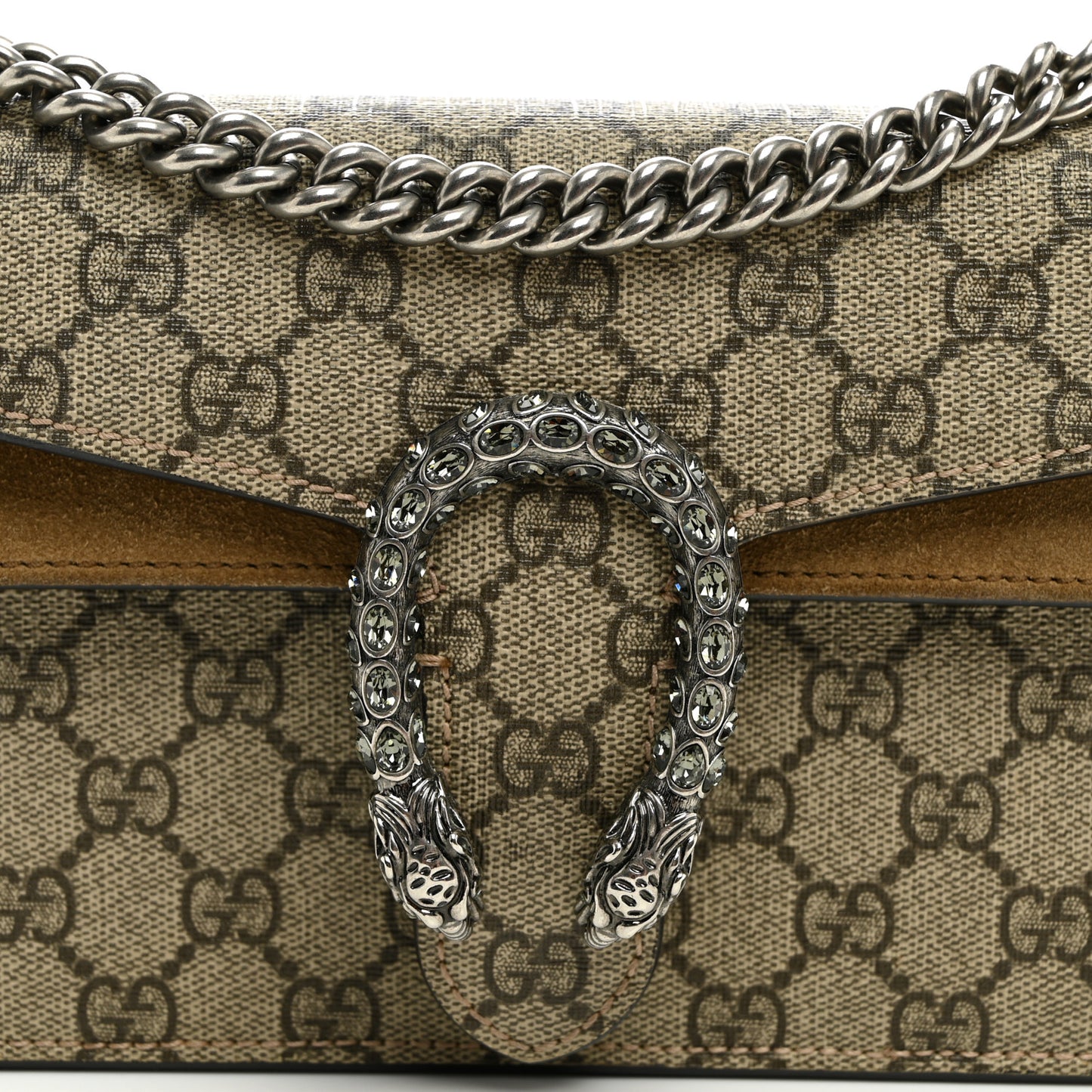 GG Supreme Monogram Suede Crystal Small Dionysus Shoulder Bag Beige Ebony Taupe