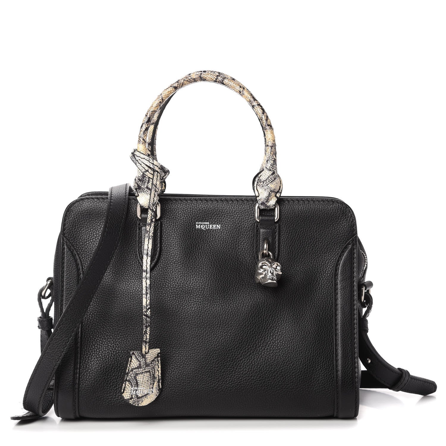 Alexander McQueen Pebbled Calfskin Snakeskin Small Skull Padlock Zip Around Tote Black 1 of 11